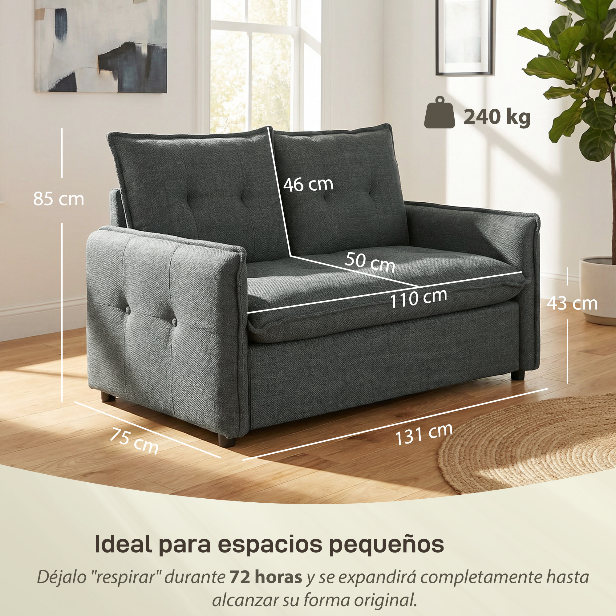 Sofá de 2 Plazas, Tapizado en Lino, Sofá Moderno con Acolchado Grueso, Diseño Capitoné, para Espacios Pequeños, Salón, Dormitorio, Oficina, Sala de Estar, 131x75x85 cm, Gris Oscuro