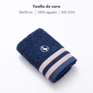 Set de 3 toallas de baño (cara 30x50cm + manos 50x90cm + ducha 70x140cm) 100% algodón 500gsm color azul marino el ganso