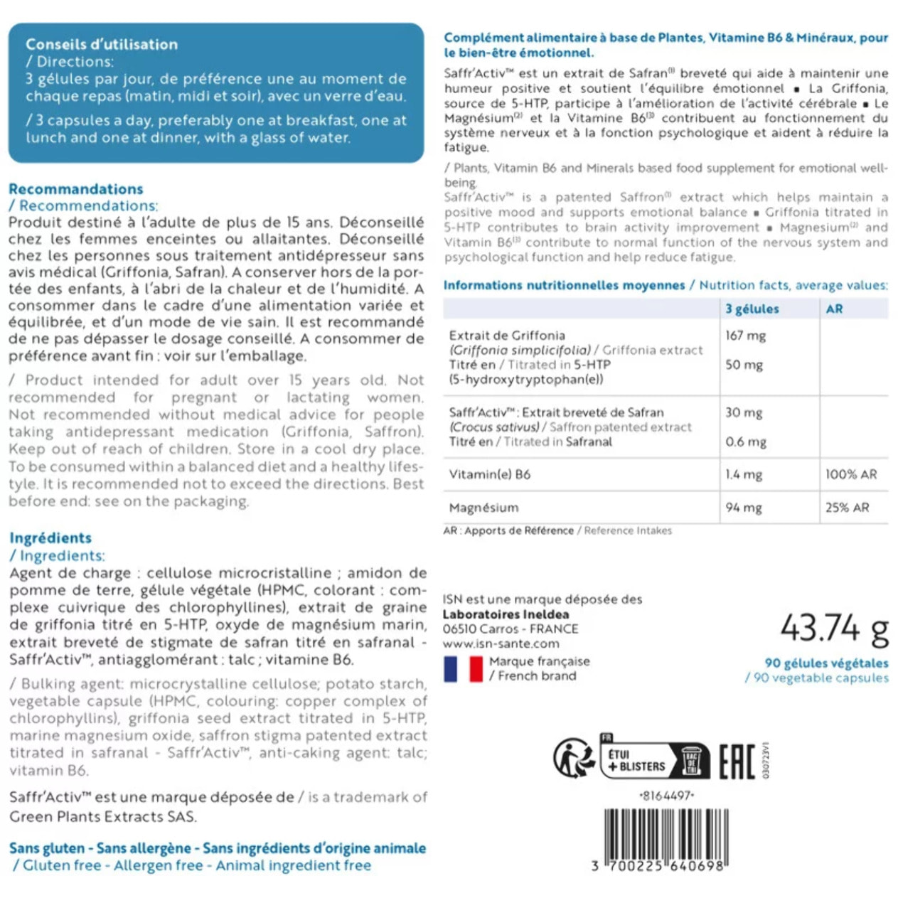 Ineldea Santé Naturelle - Euphoryl - Complément alimentaire - Safran et Magnésium Marin - Bon équilibre émotionnel - Vitalité - 90 gélules végétales - Cure 30 jours