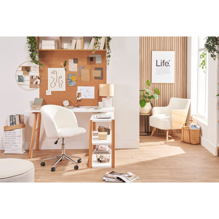 Chaise de bureau à roulettes en tissu effet laine bouclée blanc cassé et acier chromé VANITY