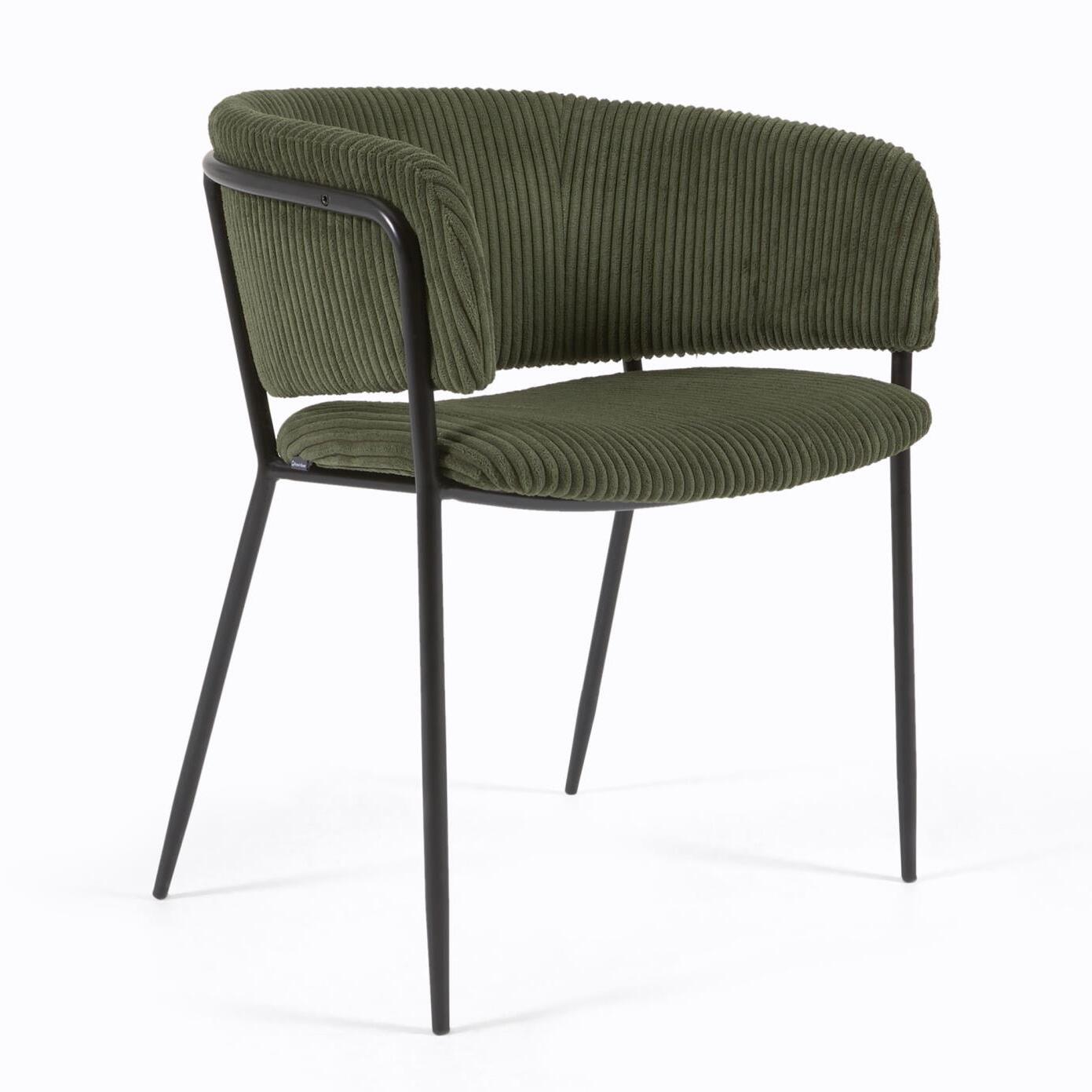 Kave Home - Sedia Runnie in velluto a coste verde scuro con gambe in acciaio verniciato nero