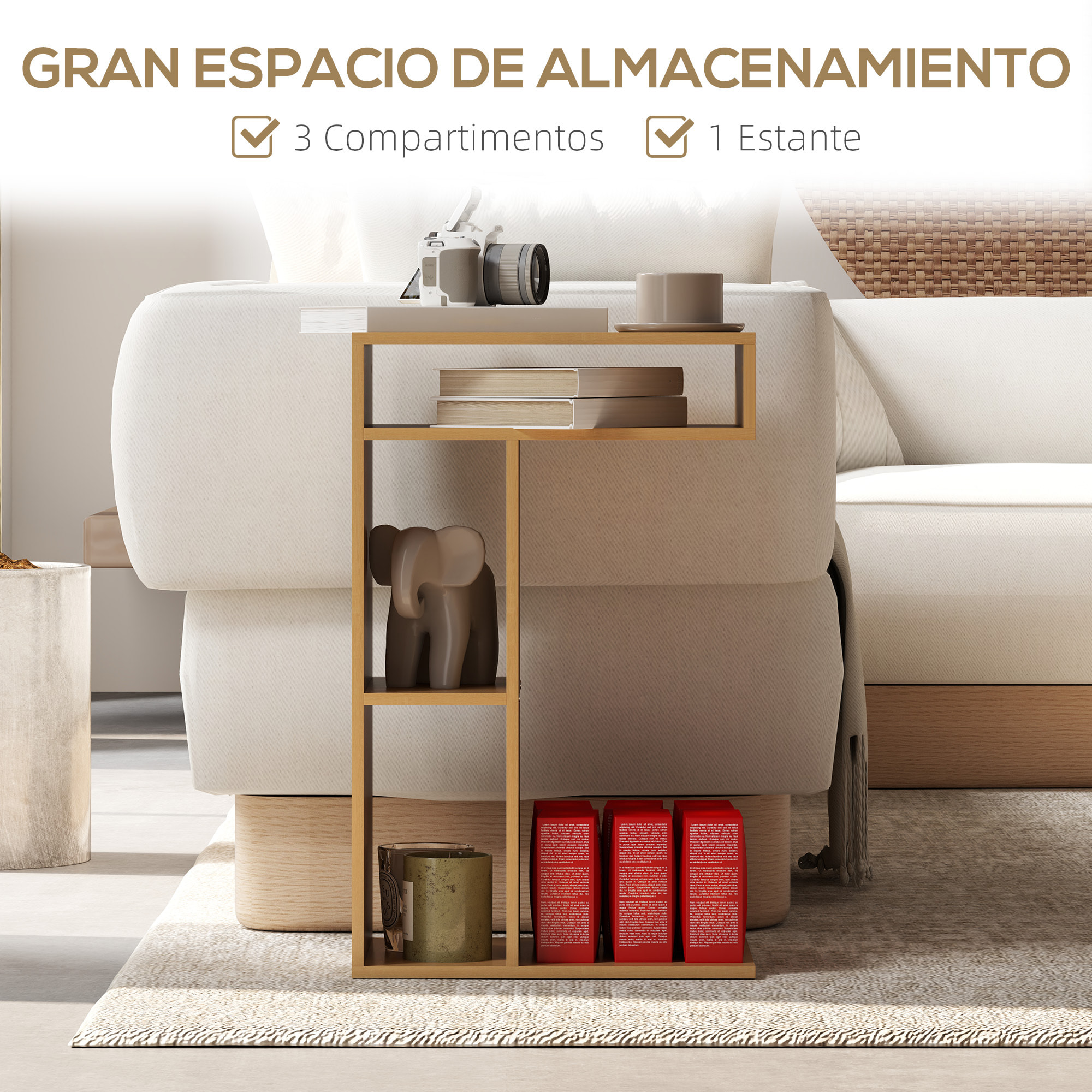 Mesa Auxiliar Multifuncional en Forma de C Mesa Auxiliar para Sofá con Ruedas Compartimentos Abiertos Mesa Auxiliar para Salón Dormitorio Oficina 40x30x69 cm Roble