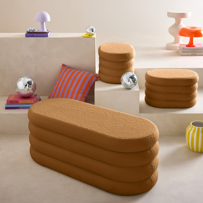 Banc coffre en bouclettes rouille avec 2 poufs ovales de rangement intégrés - L111cm