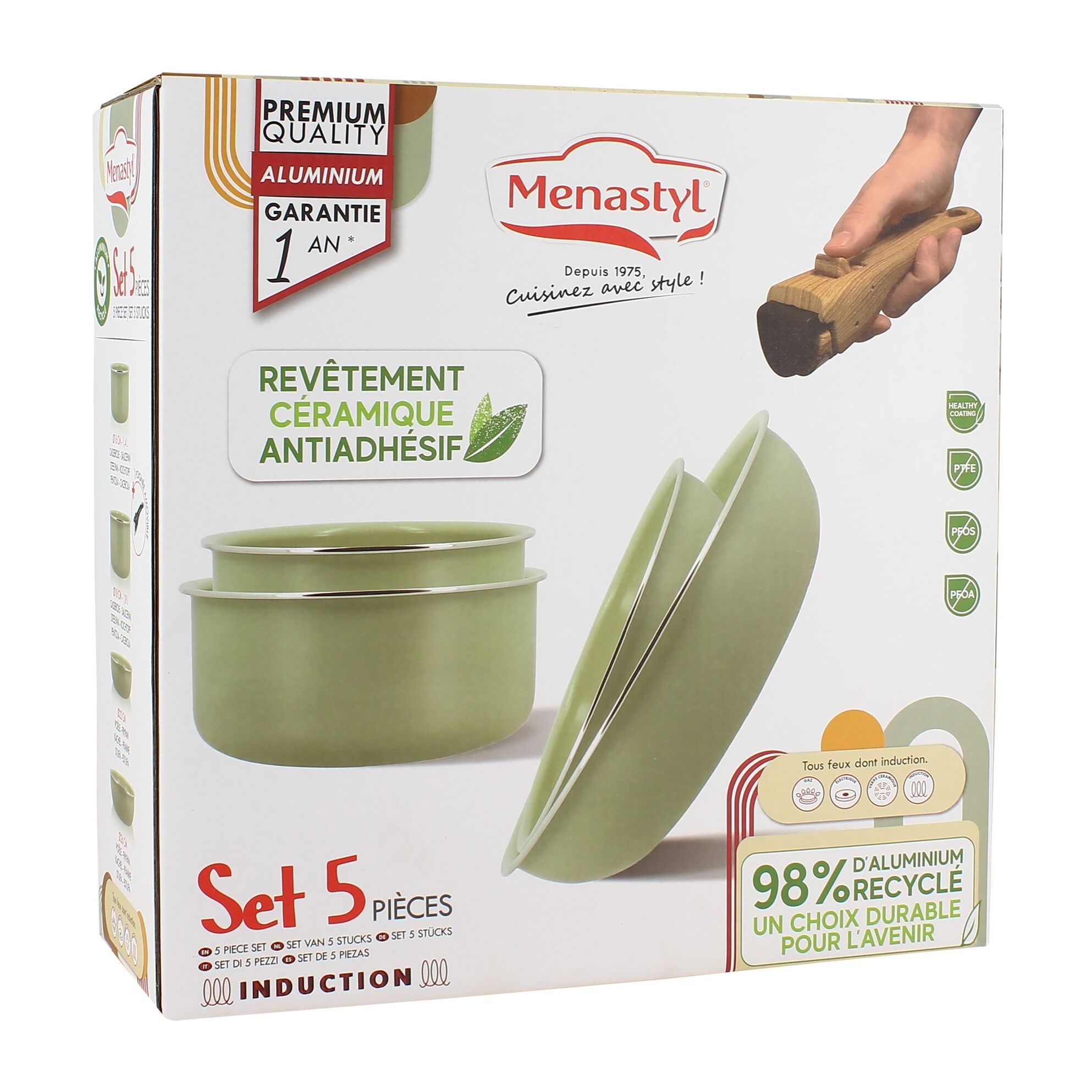 Batterie de cuisine 5 pièces en aluminium recyclé céladon