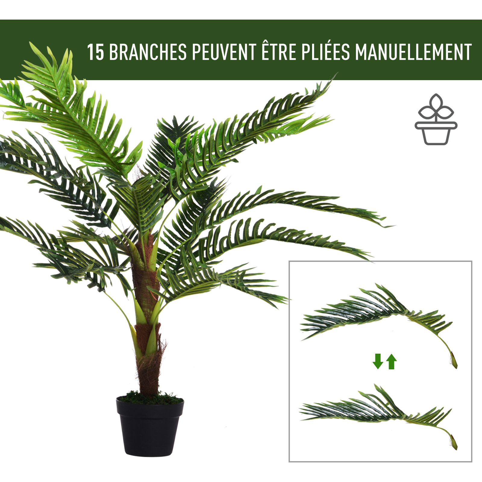 Outsunny Palmier artificiel hauteur 123 cm arbre artificiel décoration plastique fil de fer pot inclus vert