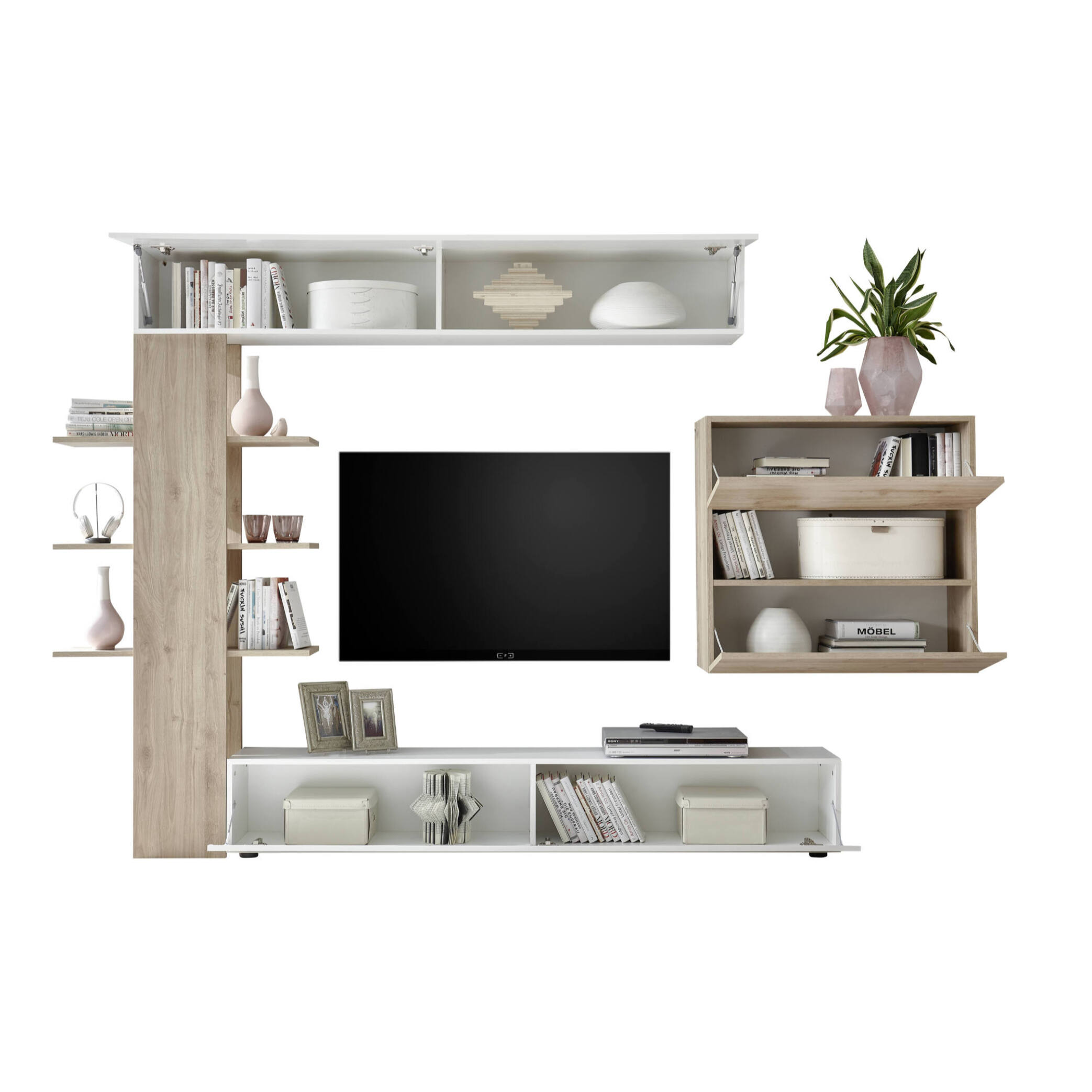 Parete attrezzata Aragosta, Composizione soggiorno, Mobile salotto multiuso, Armadio porta TV, Made in Italy, 295x30 h187 cm, Bianco lucido e Rovere