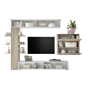 Parete attrezzata Aragosta, Composizione soggiorno, Mobile salotto multiuso, Armadio porta TV, Made in Italy, 295x30 h187 cm, Bianco lucido e Rovere