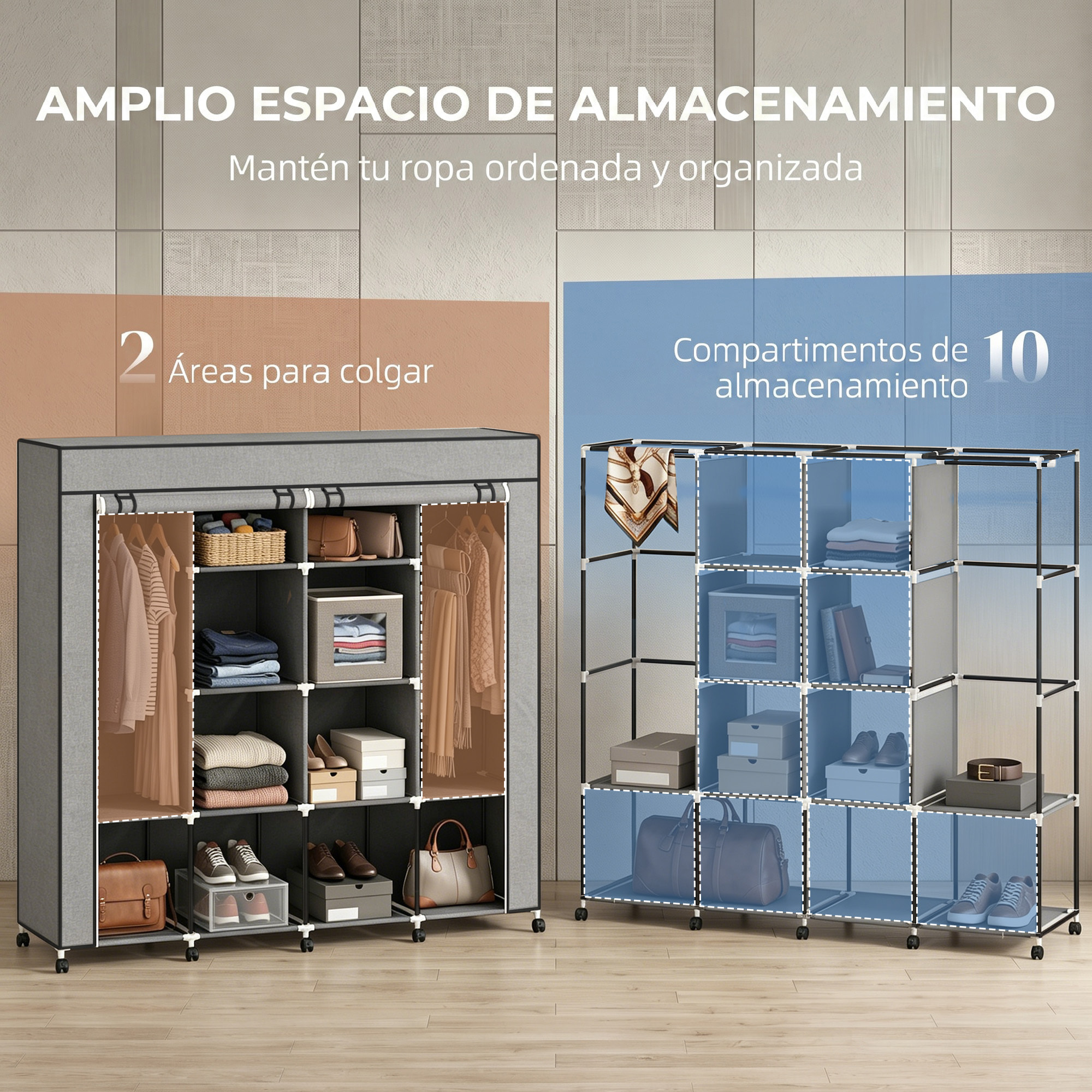 Armario de Tela con Ruedas, Armario Ropero Portátil con 2 Barras para Colgar, 10 Compartimentos, Cremallera, Marco de Acero, para Dormitorio, Espacio Pequeño, 166x42,5x167 cm, Gris Oscuro