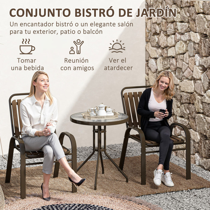 Conjunto Jardín Exterior de 3 Piezas Juego de Muebles de Jardín con 2 Sillas Apilables Mesa con Encimera de Vidrio Templado y Estructura de Acero para Terraza Patio Balcón Marrón Oscuro