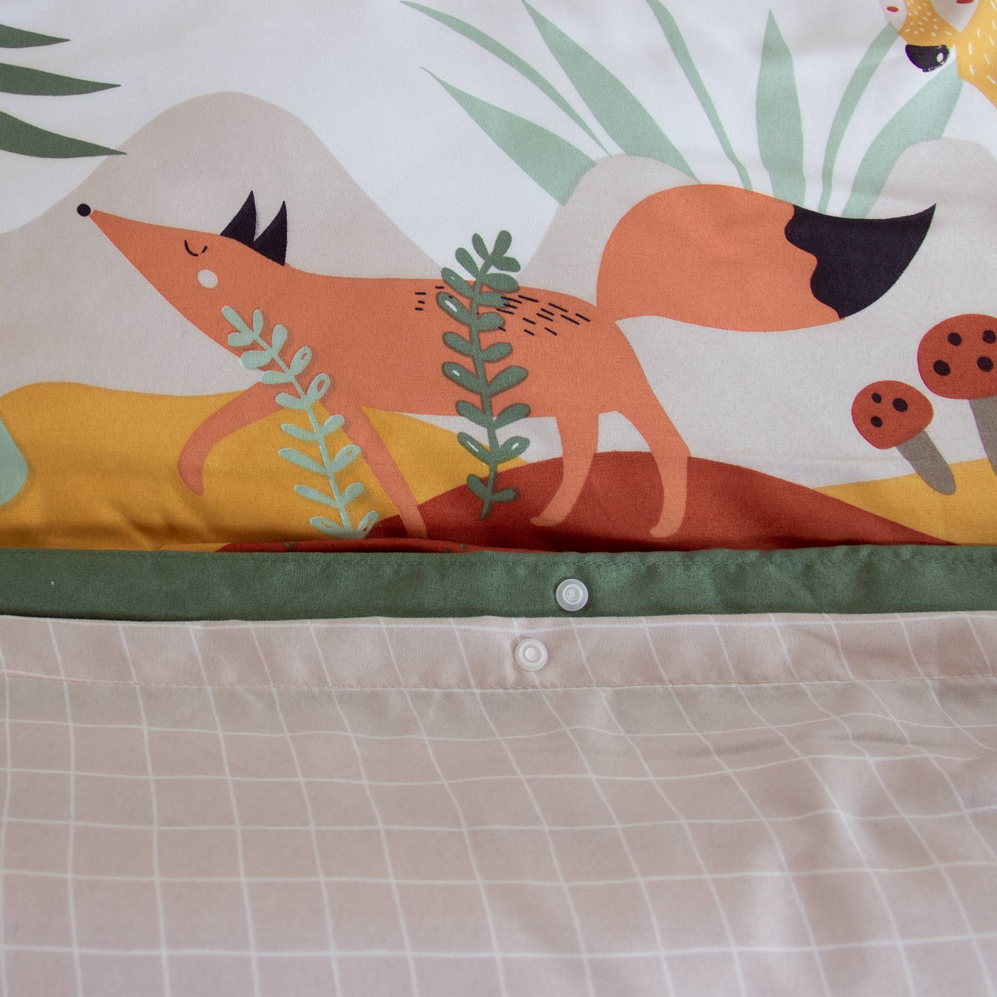 Parure de lit réversible ROBIN 1 place imprimé thème forêt d'automne en microfibre. 140 x 200cm. 1 housse de couette. 1 taie d'oreiller