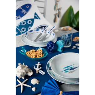 Service 18 assiettes Excelsa Ocean, porcelaine, blanc et bleu