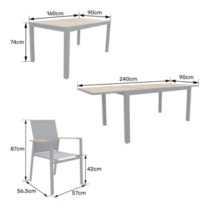 Salon de jardin PALERMO extensible en textilène gris 8 places - aluminium anthracite et effet bois