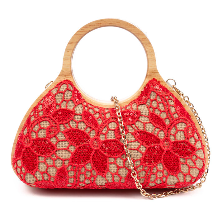 Avisio borsa a mano realizzata in legno naturale, cotone e juta con design in rete di tessuto floreale