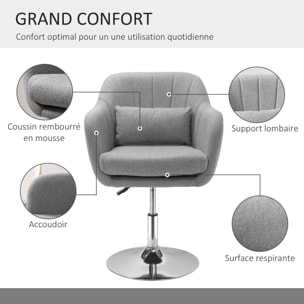 Fauteuil lounge design grand confort coussins lombaires hauteur réglable pivotant 360° piètement métal chromé lin gris