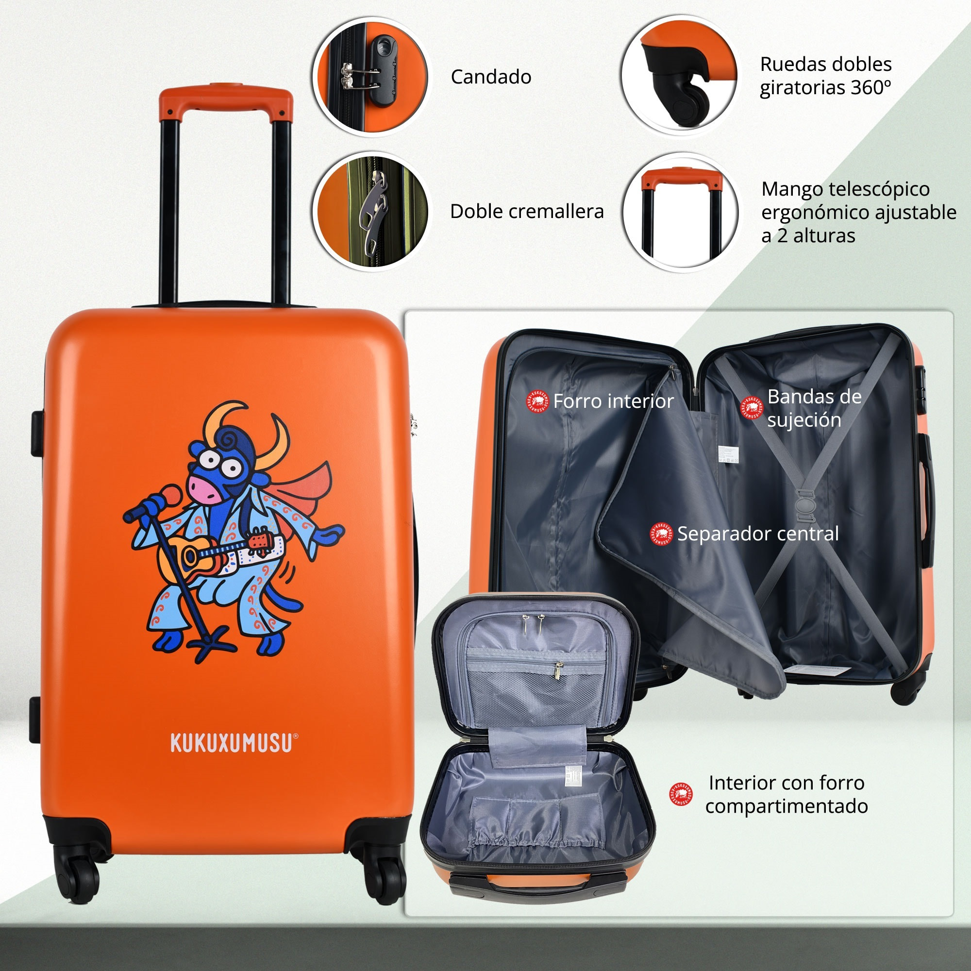 Juego de maletas rígidas con ruedas kukuxumusu 3 piezas color naranja