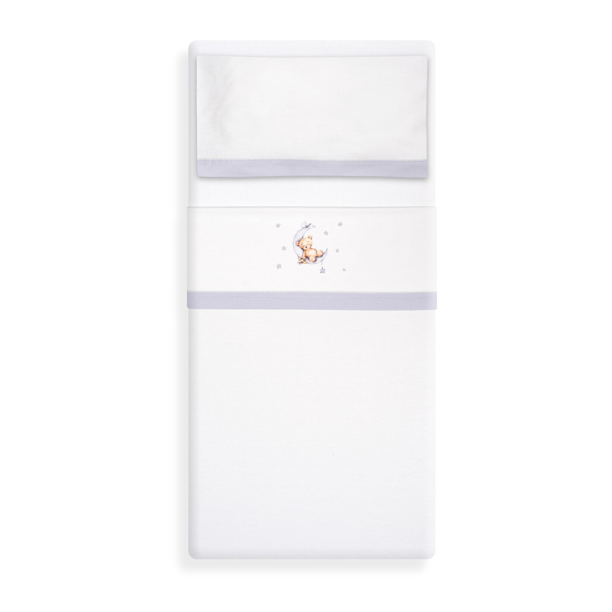 Triptico Cuna Franela Estampado Oso Luna Estrellas Bco/Gris
