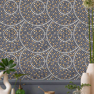 Papier peint mosaïque cercles gris et or
