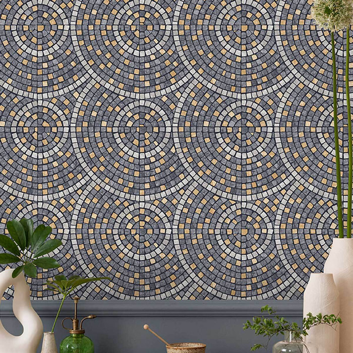 Papier peint mosaïque cercles gris et or