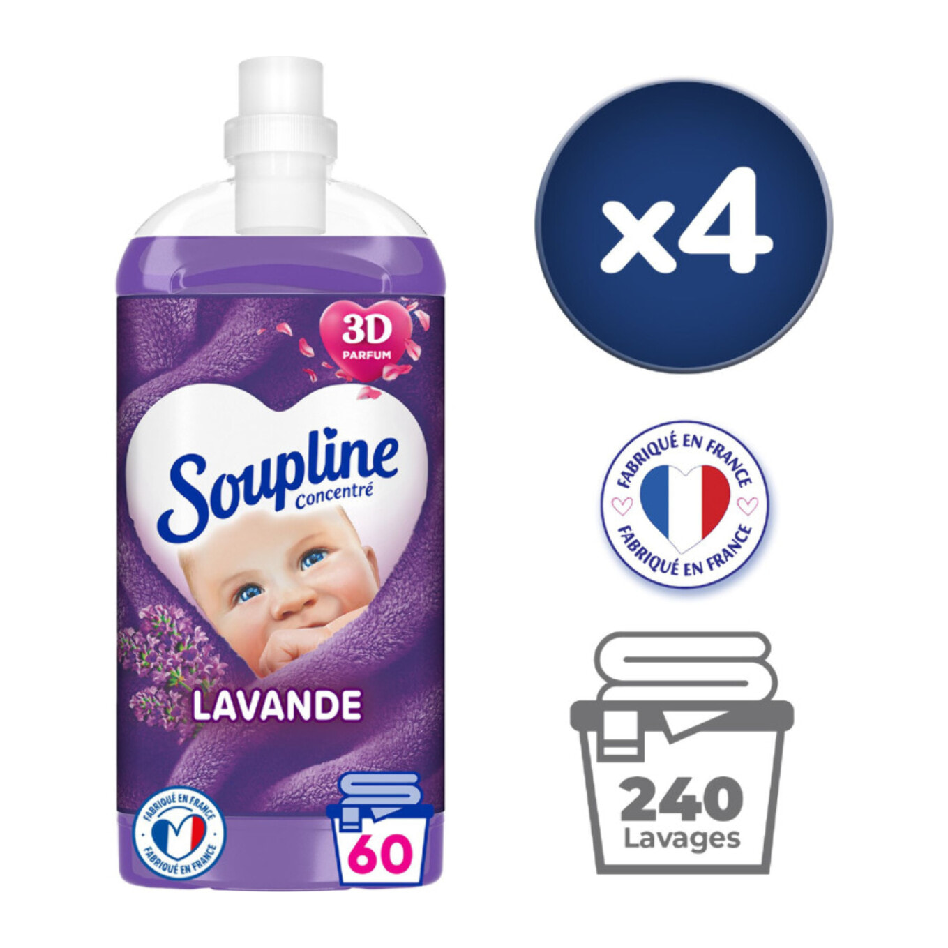 Pack de 4 - 2 lots de 2 - Adoucissants Soupline concentré 3D Lavande