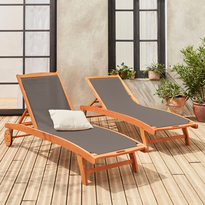Bains de soleil en bois - Marbella Gris anthracite - 2 transats en bois d'Eucalyptus huilé et textilène gris anthracite