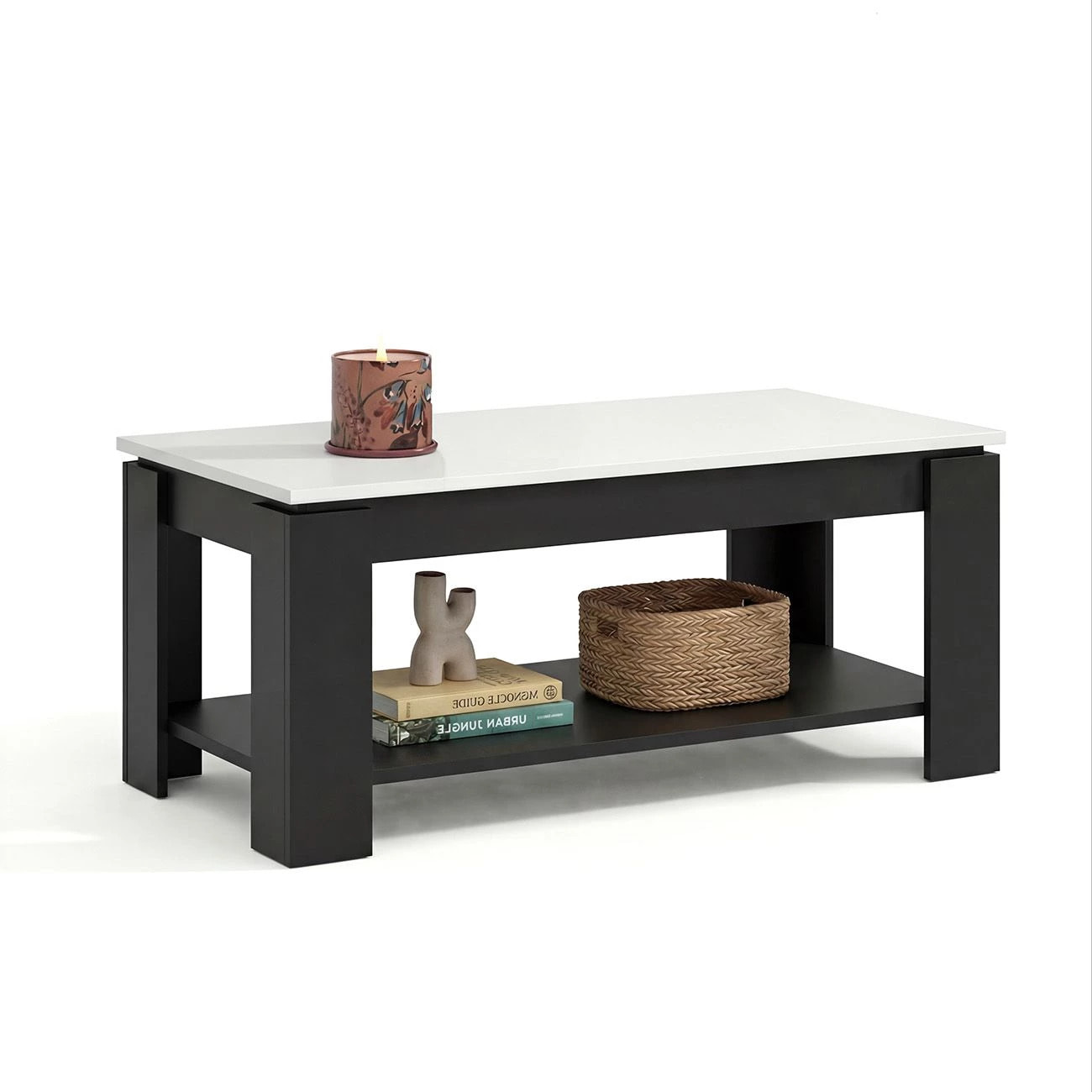 Mesa de centro elevable con almacenaje en negro mate y blanco artik 102x43-54 cm Lya Negro Mate - Blanco Artik