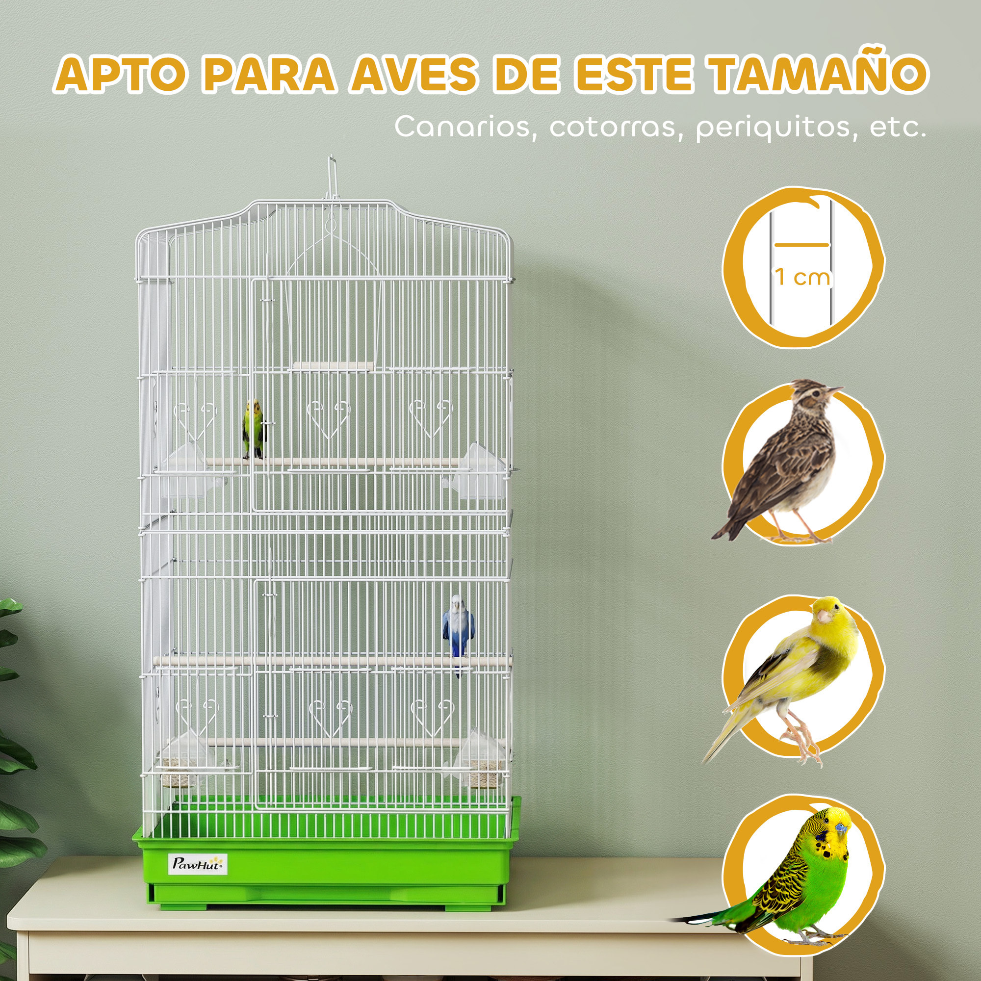 Jaula para Pájaros, Jaula de Metal para Pájaros con Puertas, 4 Comederos, 3 Perchas, Columpio, Bandeja Extraíble y Asa de Transporte, para Loro, Canario, Periquito, 46,5x35,5x92 cm, Verde