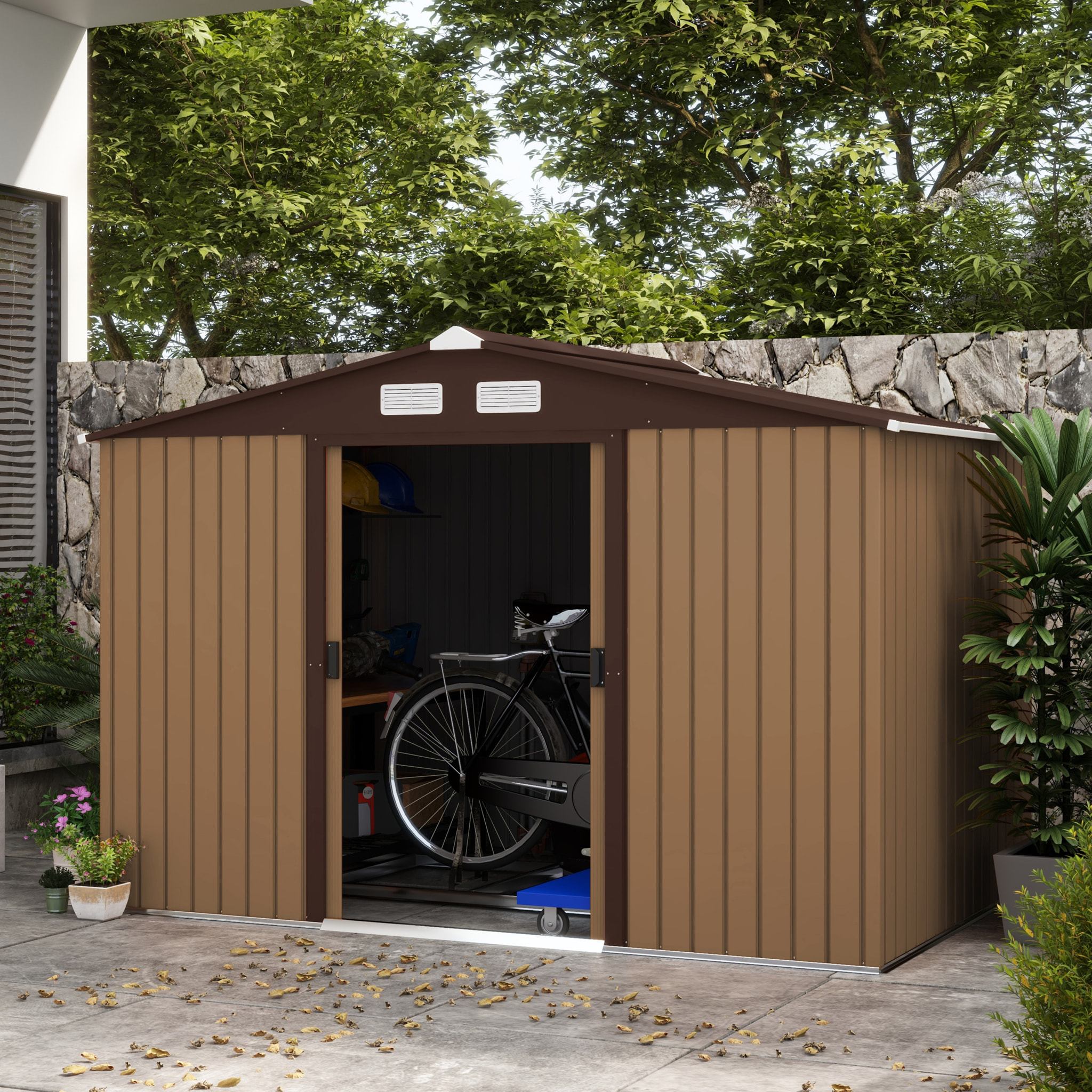 Abri de jardin - remise pour outils - cabanon double porte coulissante - fondation incluse - dim. 277L x 191l x 192H cm - tôle d'acier ondulée terracotta