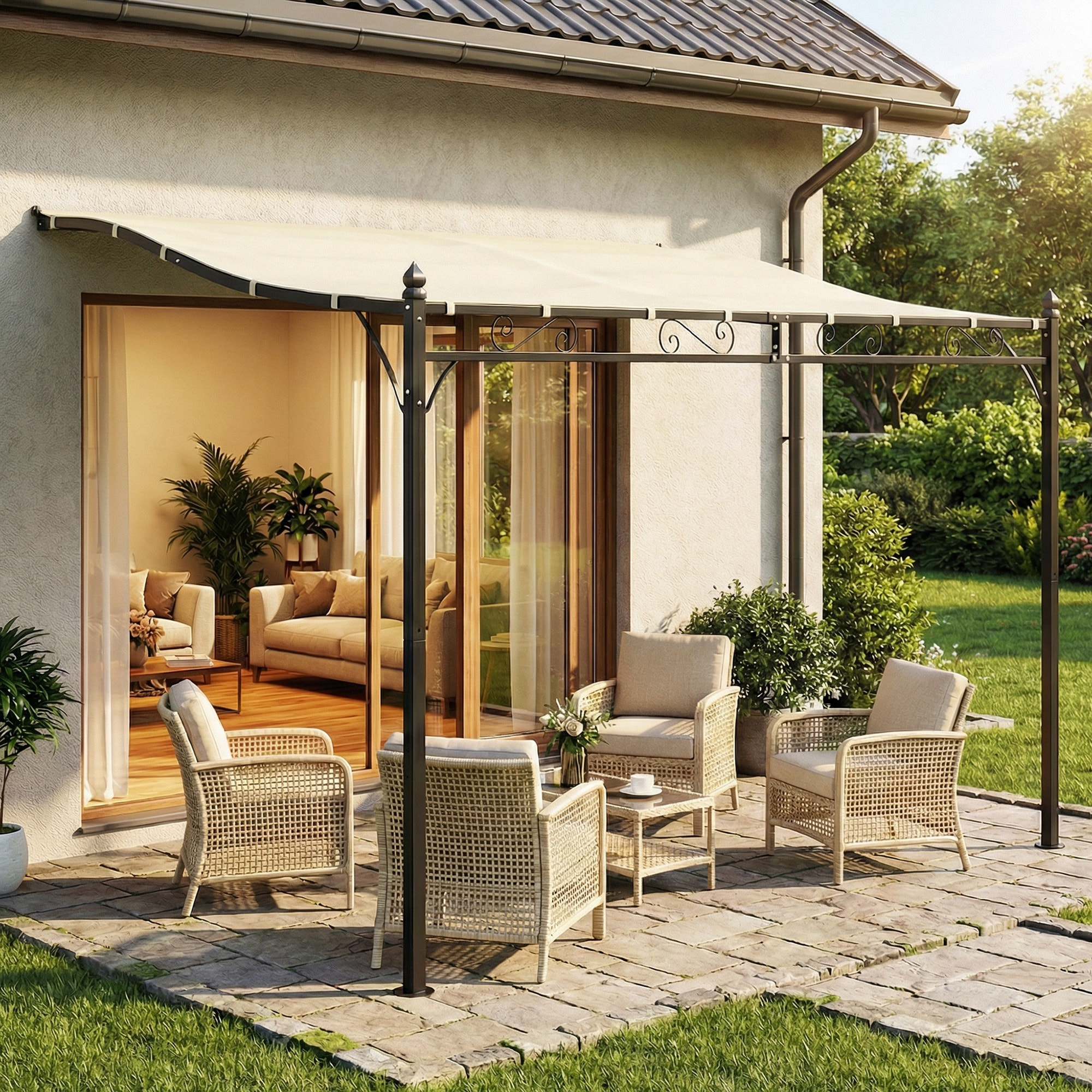 Pérgola de Pared de Jardín 2,5x3,5 m, Cenador de Jardín con Techo Inclinado, Orificios de Drenaje y Estructura Metálica Resistente, UPF30, Gazebo para Patio, Terraza, Balcón, Blanco Crema