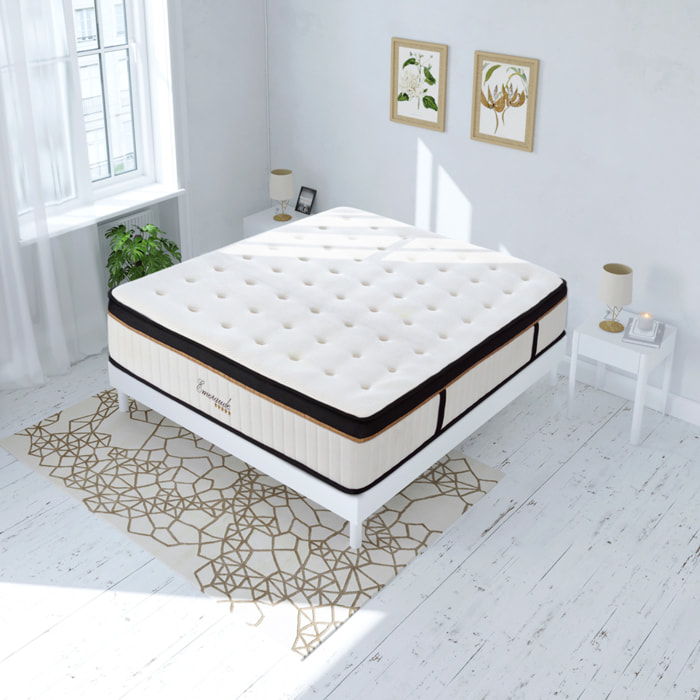 Ensemble Matelas Émeraude & Sommier Kit Bois, Mémoire de Forme & Air System, 25 cm, Accueil Moelleux, Soutien Ferme, Lattes Actives