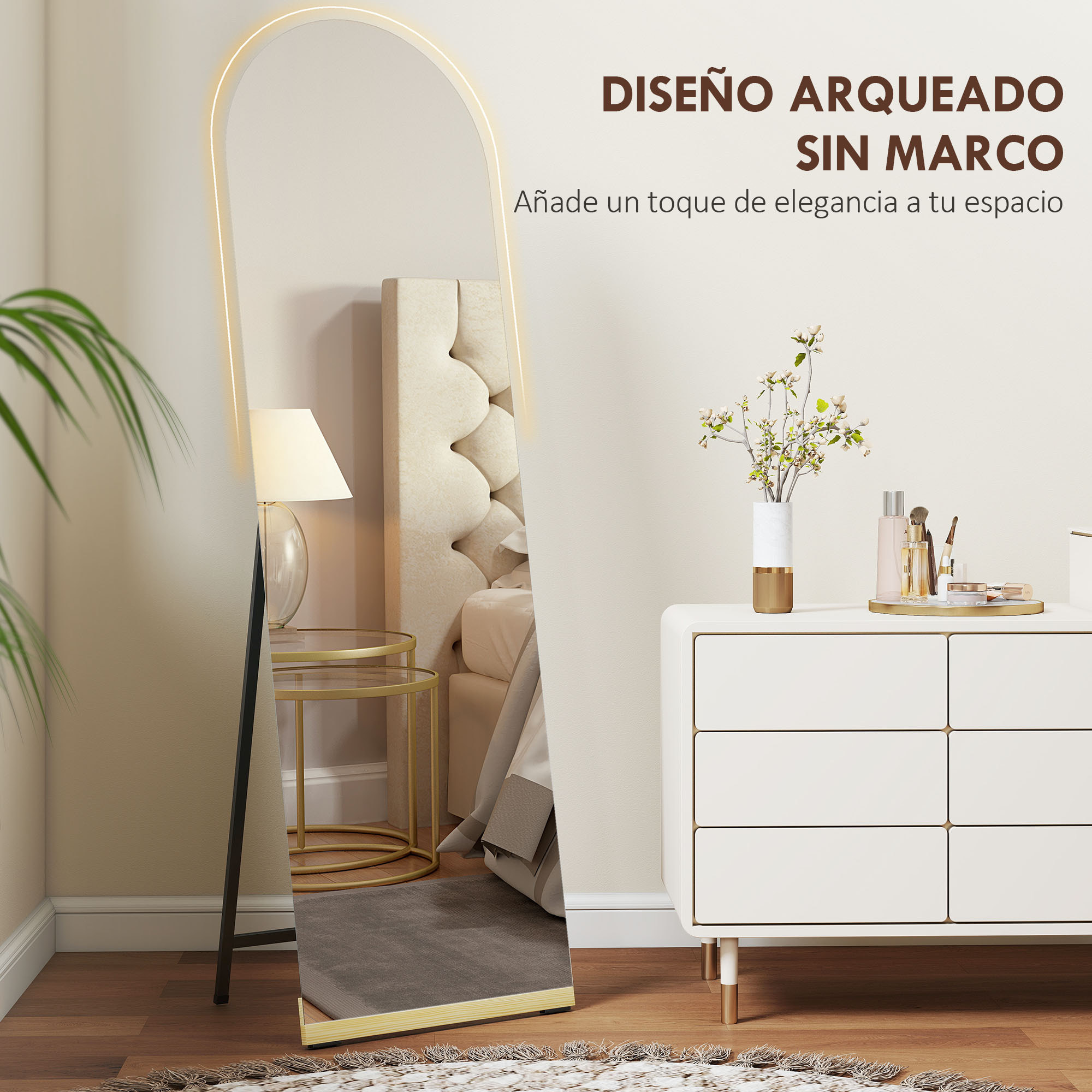 Espejo de Cuerpo Entero Curvado 160x50 cm, Espejo de Pie o Apoyado en la Pared, sin Marco, Base de Madera, para Salón, Dormitorio, Pasillo, Entrada