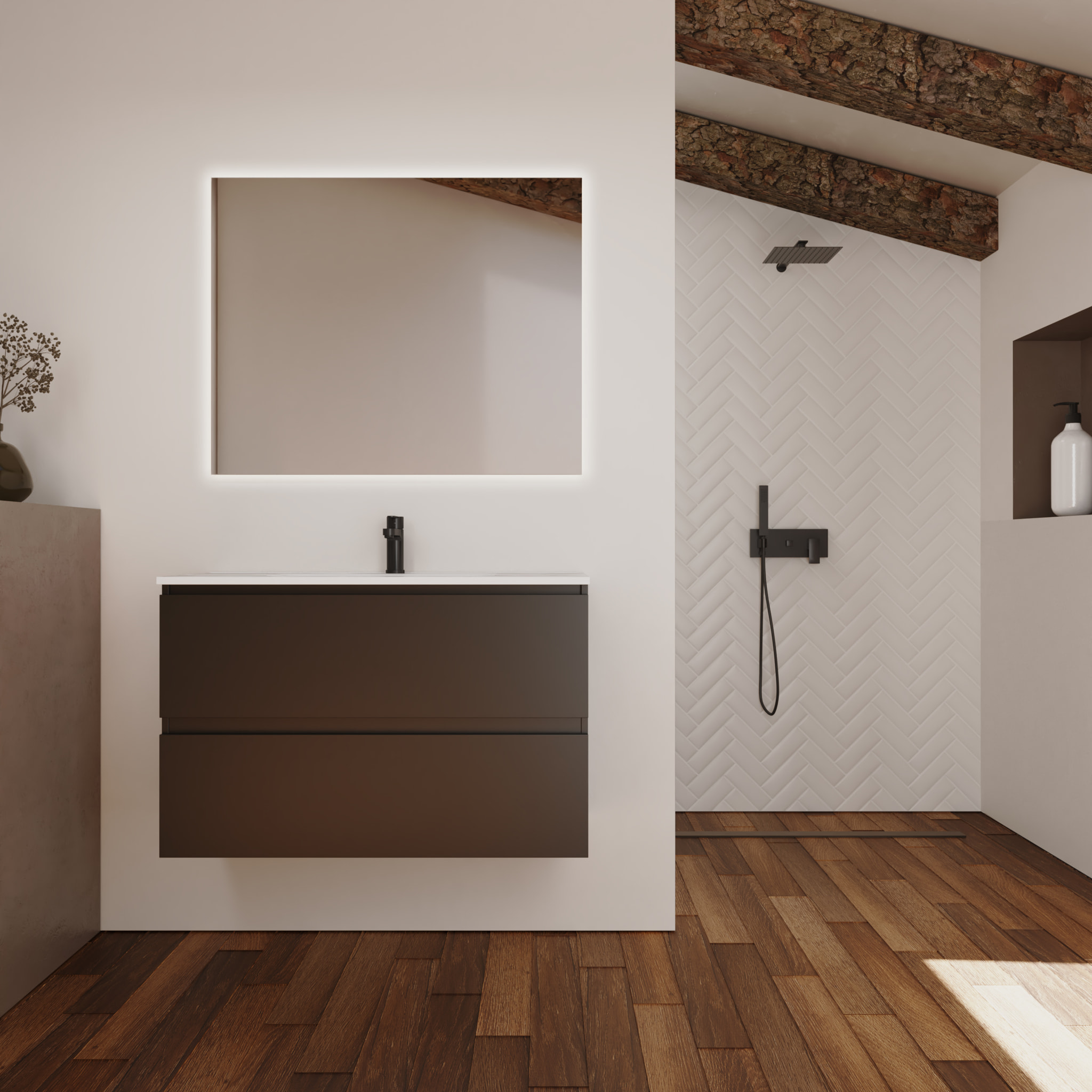 Conjunto de Baño Kaji | Mueble de Baño Suspendido | 100 cm Negro| Dos Cajones | Lavabo Encastrado | No incluye Espejo | Alday