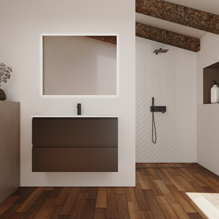 Conjunto de Baño Kaji | Mueble de Baño Suspendido | 100 cm Negro| Dos Cajones | Lavabo Encastrado | No incluye Espejo | Alday
