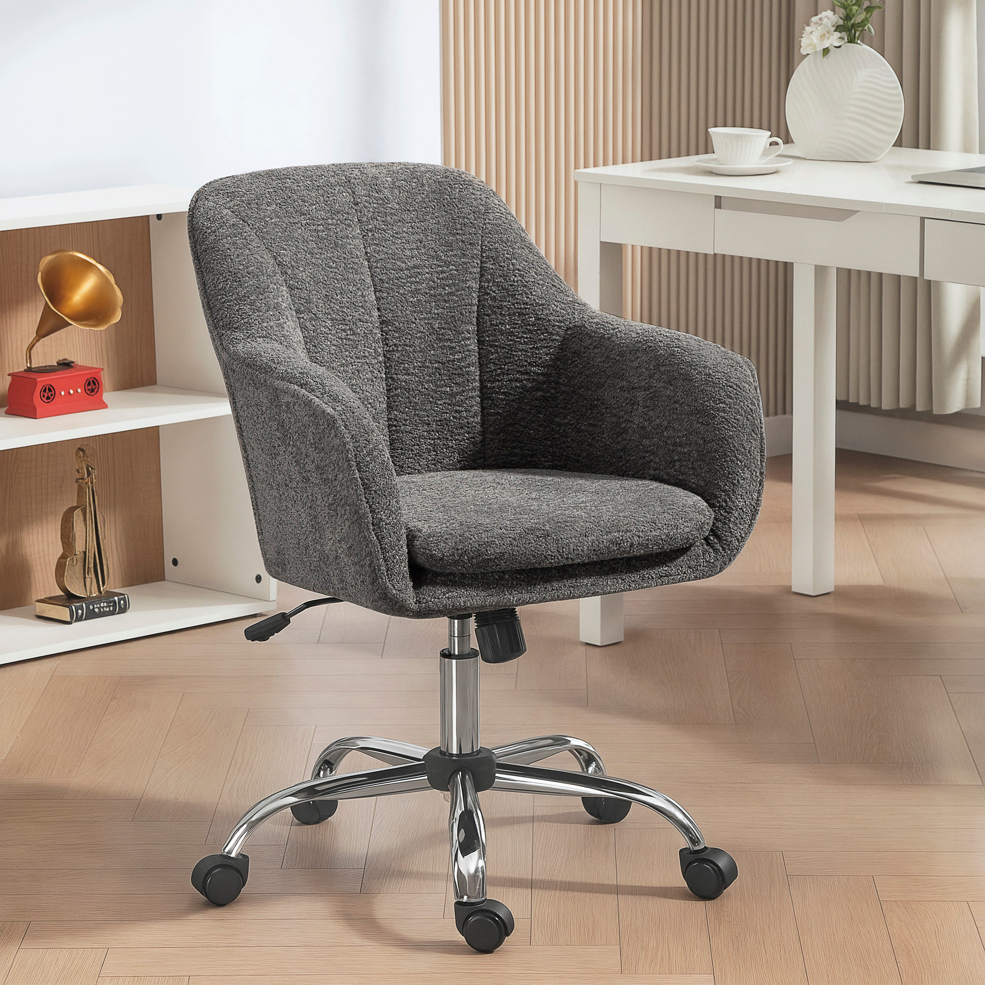 Chaise de bureau design bouclette gris piètement acier chromé