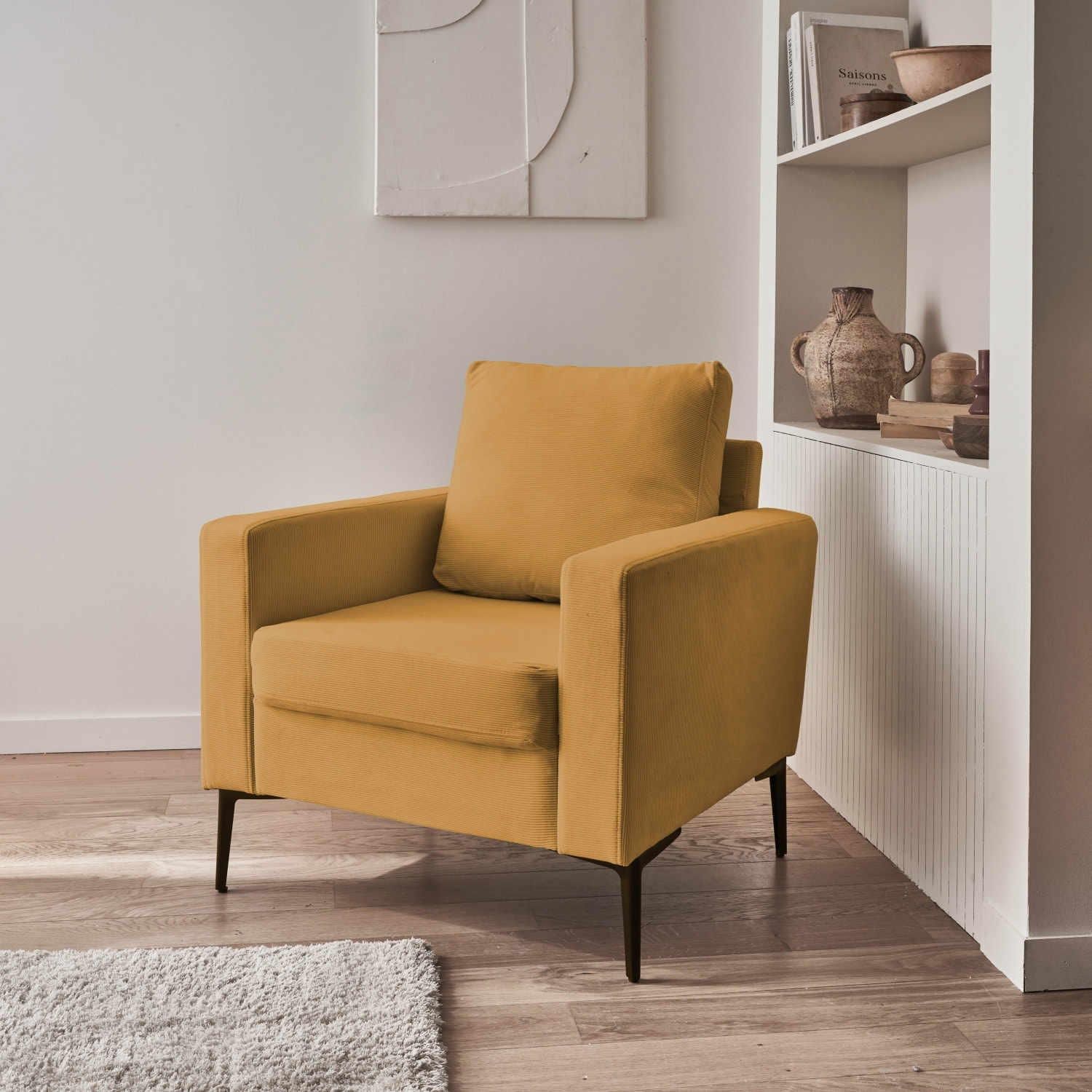 Fauteuil en velours côtelé ocre - Bjorn - Canapé 1 place fixe droit pieds métal