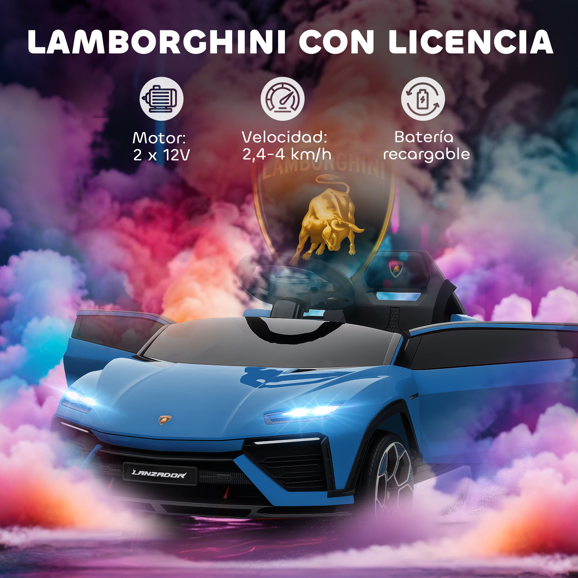 Coche Eléctrico para Niños de +3 Años, Lamborghini, Coche de Batería 12V, con Mando a Distancia 2,4 G, Motor Doble, Ruedas con Suspensión, Faros, Música, USB, Azul