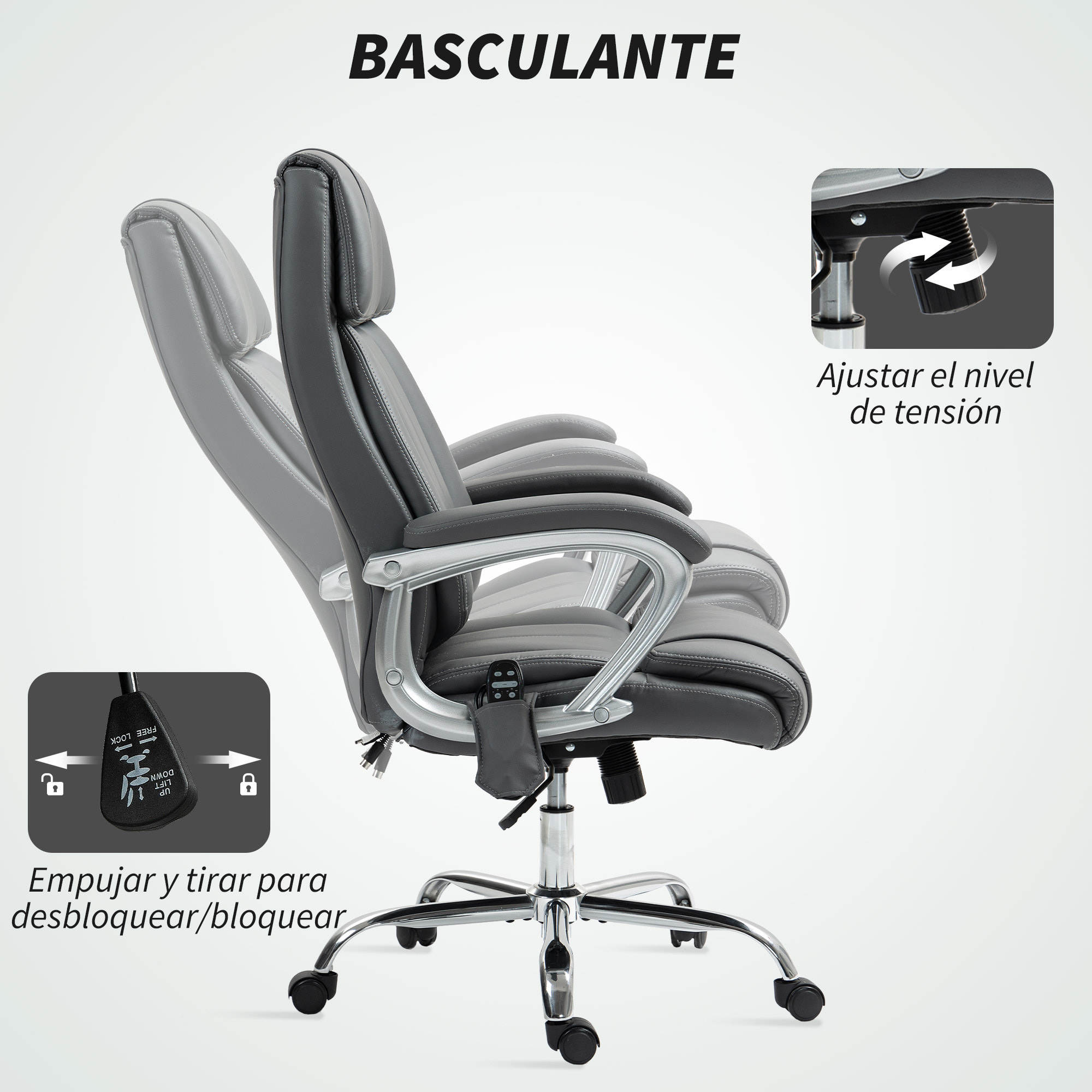 Silla de Oficina con Masaje de 6 Puntos Silla de Escritorio Giratoria con Función de Calefacción Altura Ajustable y Función de Basculante Mando a Distancia para Estudio Gris Oscuro