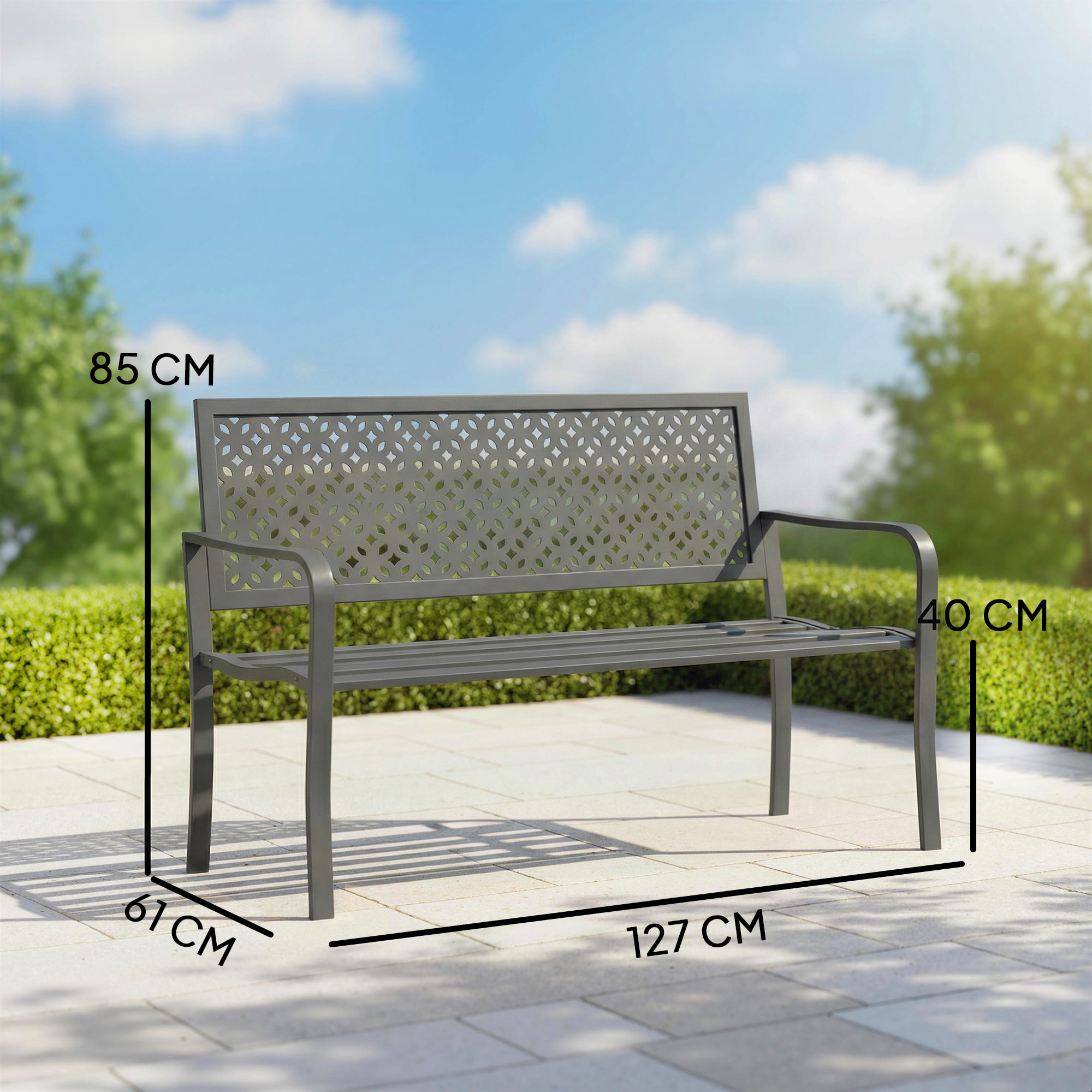 Banc de jardin dossier géométrique - avec accoudoirs - métal époxy - 2 places - gris foncé