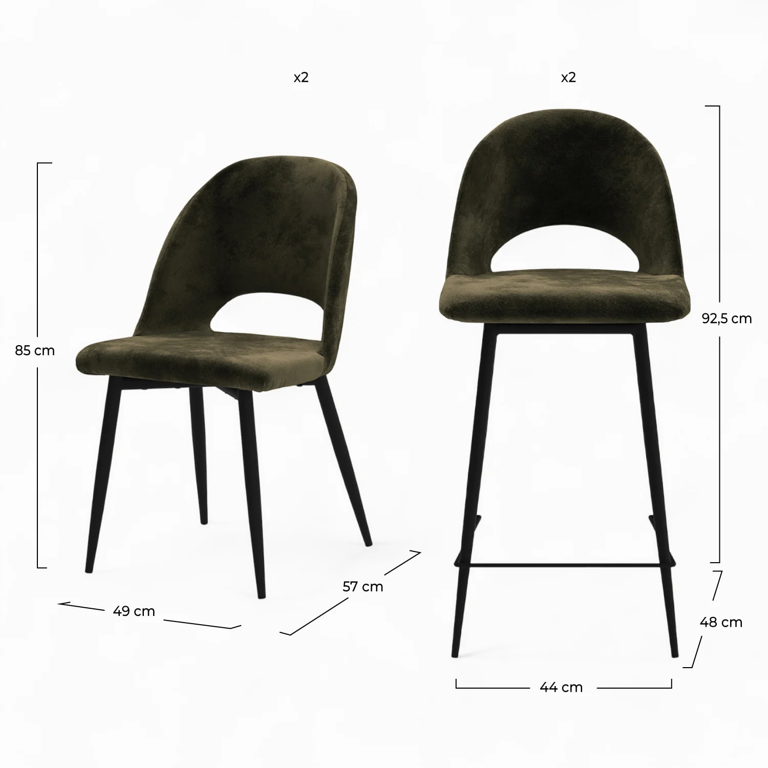 Pack 2 chaises et 2 chaises de bar 65 cm en velours vert - Pénélope