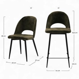 Pack 2 chaises et 2 chaises de bar 65 cm en velours vert - Pénélope