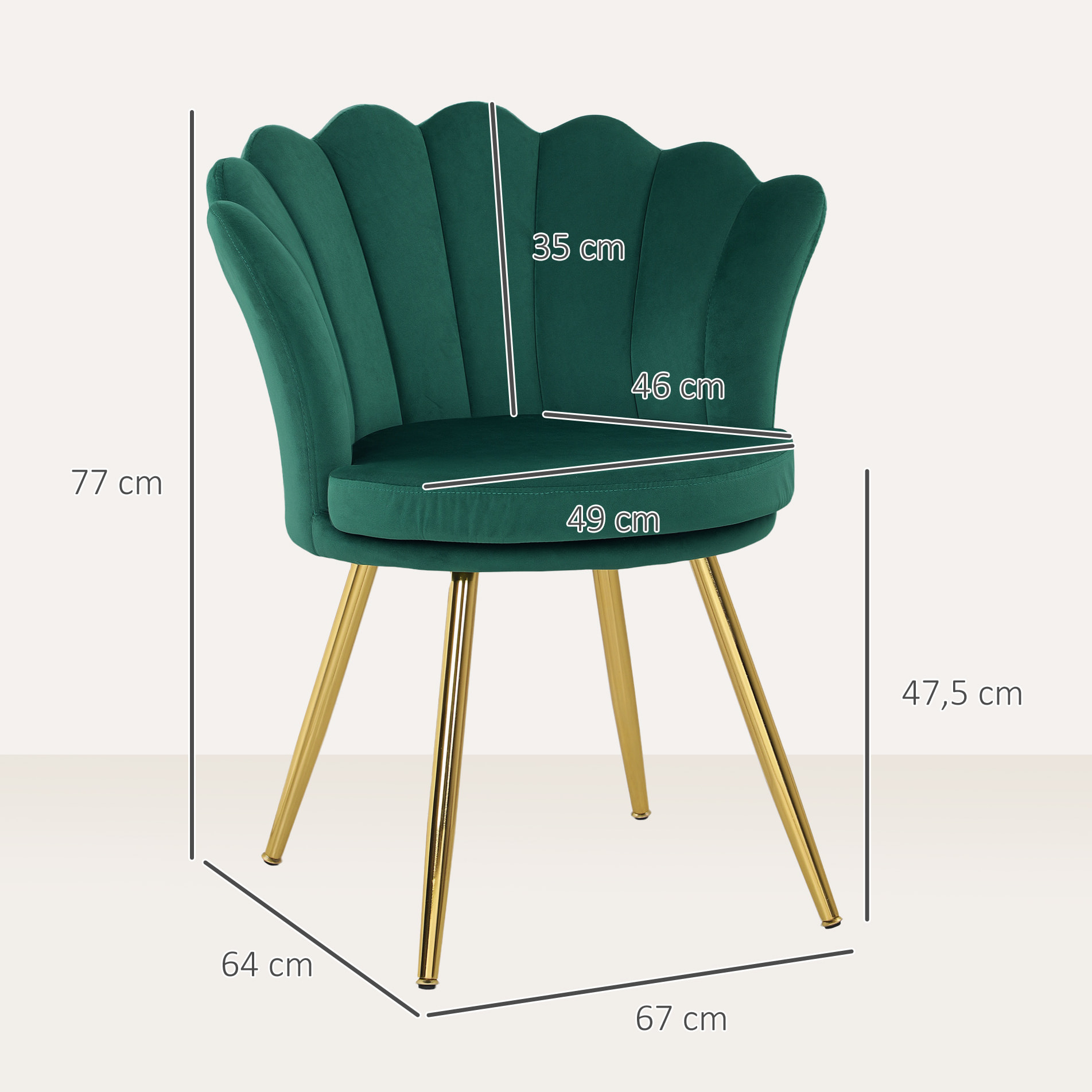 Chaise coquillage chaise design pieds métal dorés effilés velours vert émeraude