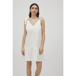 Abito corto bianco in cotone con spalline annodate