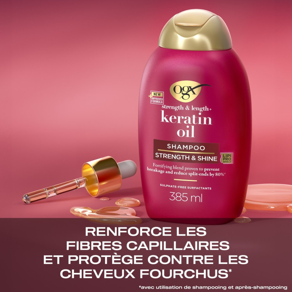 OGX Shampooing Fortifiant Huile de Kératine, 385ml – Soin capillaire renforçateur pour cheveux abîmés et cassants – Shampoing sa
