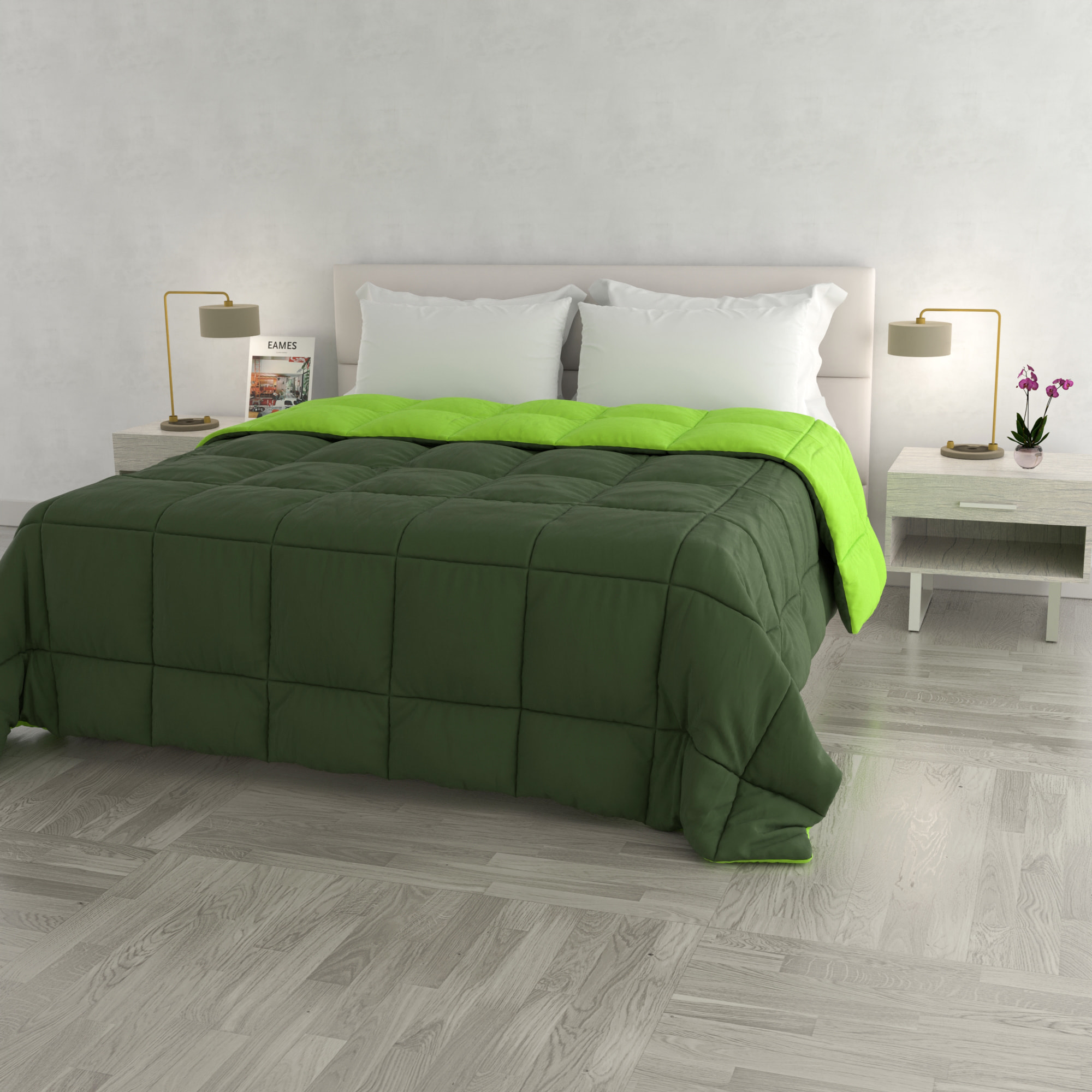 TRAPUNTA INVERNALE ELEGANT, 300gr, Microfibra, Doubleface, Made in Italy - VERDE SCURO/VERDE MELA