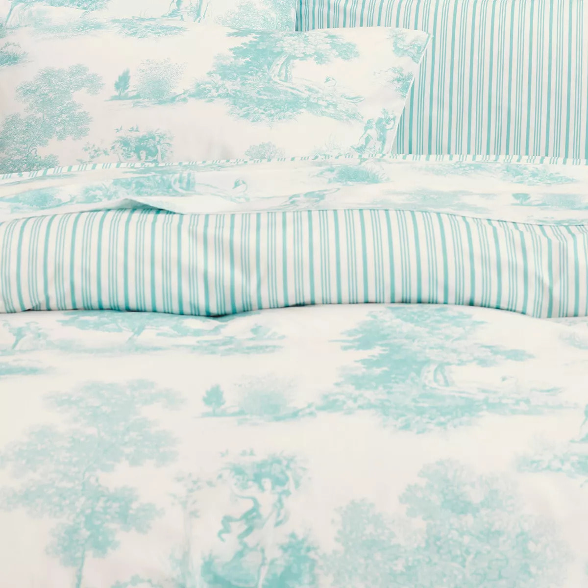 Housse de couette percale de coton imprimé bleu Poesie aqua