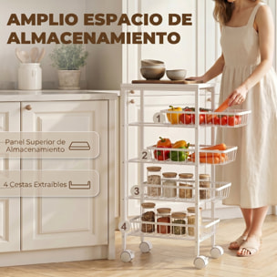 Carrito Auxiliar con Ruedas, Carrito de Cocina con 4 Cestas Extraíbles, Carga 15 kg, Marco Metálico, para Comedor, Sala de Estar, Baño, 40x24x82 cm, Blanco