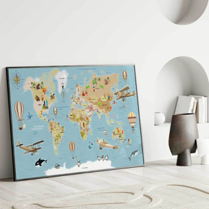 Affiche encadrée carte du monde enfants illustrée Affiche + cadre en métal - Noir