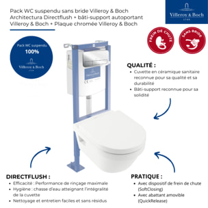 Pack WC suspendu sans bride Architectura directflush + abattant frein de chute + bâti-support autoportant + plaque chromée