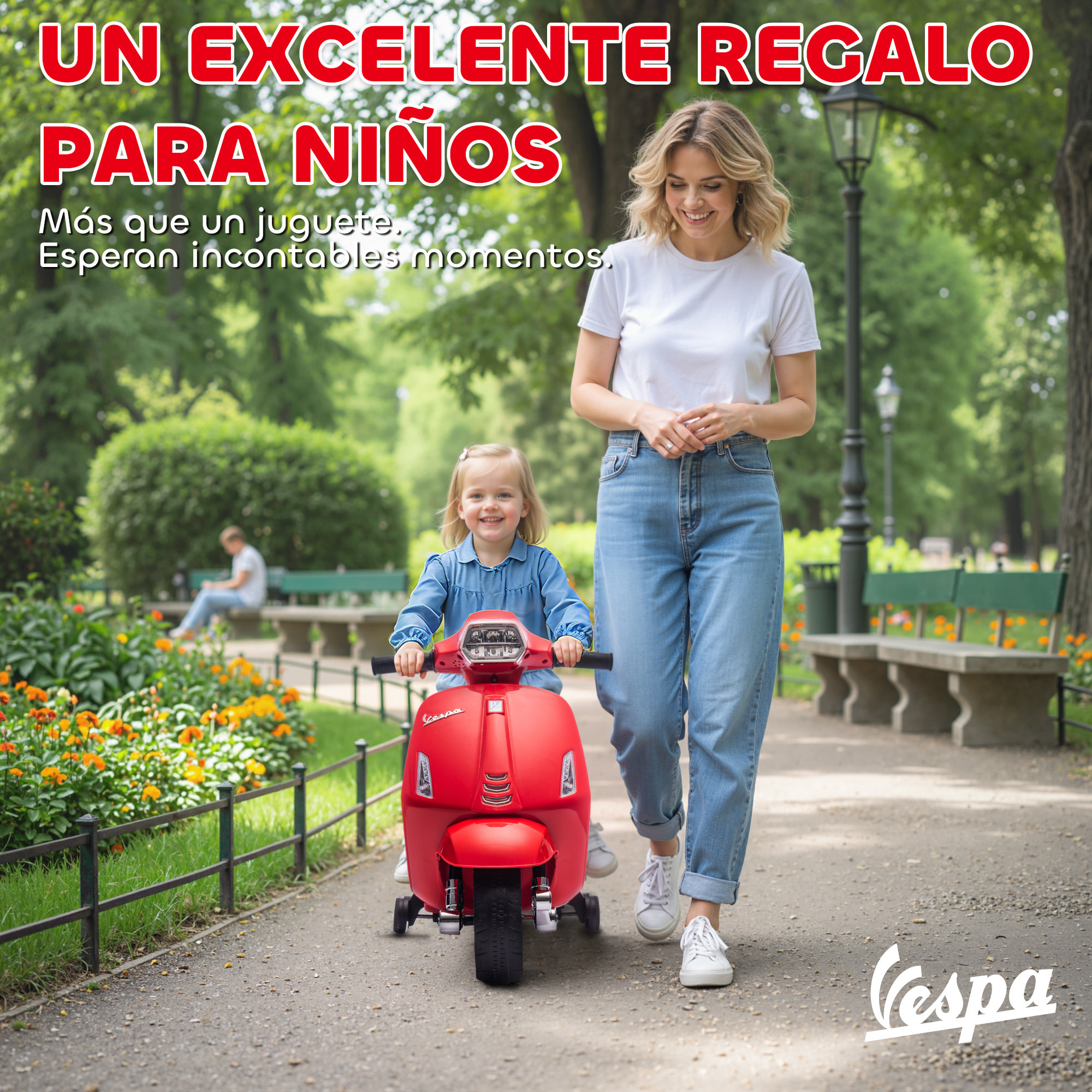 Moto Eléctrica para Niños 6V con Licencia Vespa, Moto Eléctrica Infantil con Ruedas Auxiliares de 6,9'', Velocidad de 2,5km/h, Faro y Bocina, para Niños de 2-6 Años, Rojo