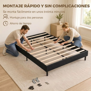 HOMCOM Cama Tapizada 144x195 cm con Funda de Chenilla, Marco de Cama Doble con Somier de Lamas de Madera, Patas de Acero, Diseño Moderno, Fácil Montaje, Carga 400 kg, Gris