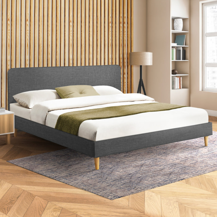 Lit Evy 160x200cm tissu gris pieds bois
